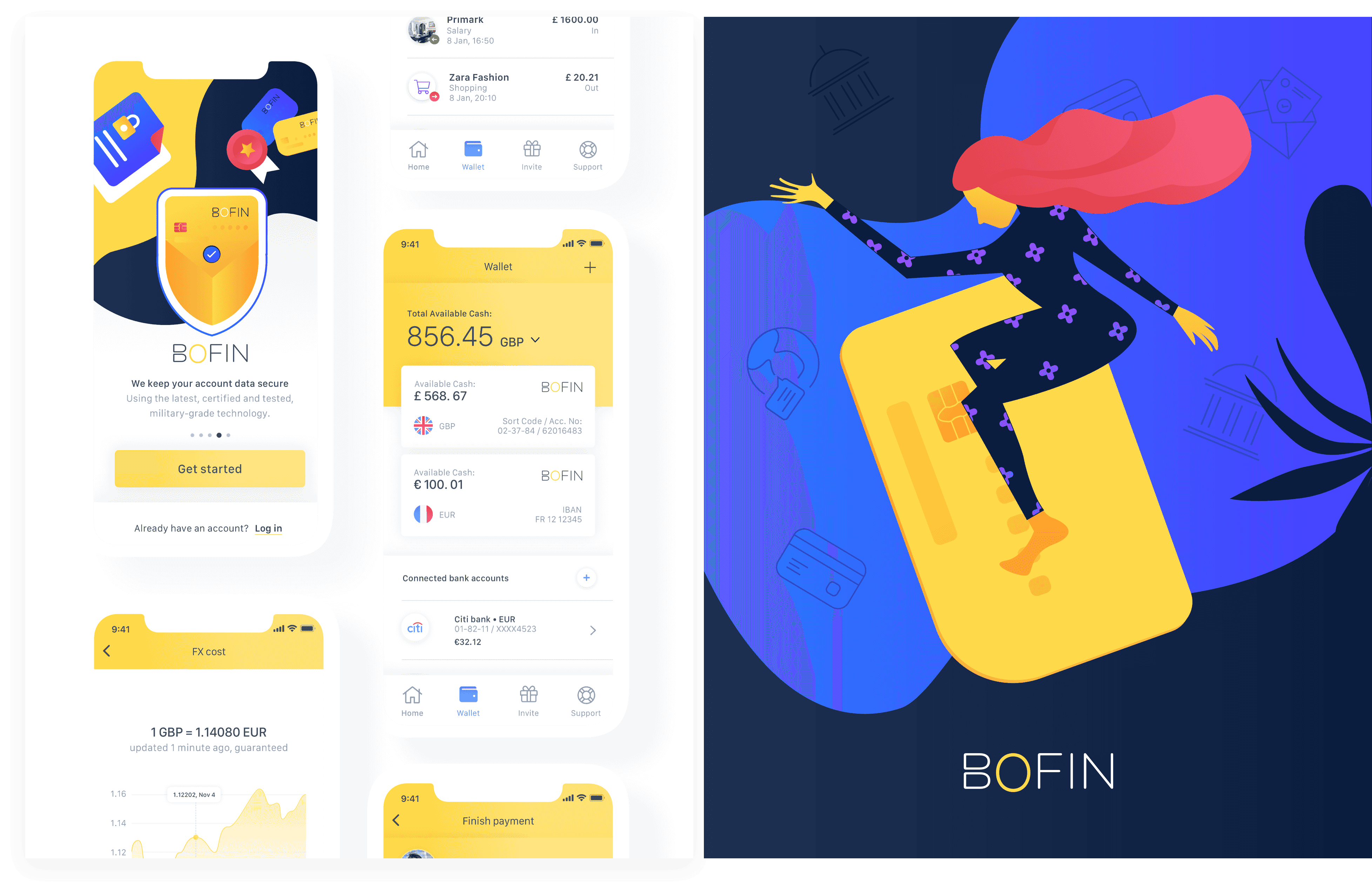 App design en illustratie van fintech app naast elkaar.