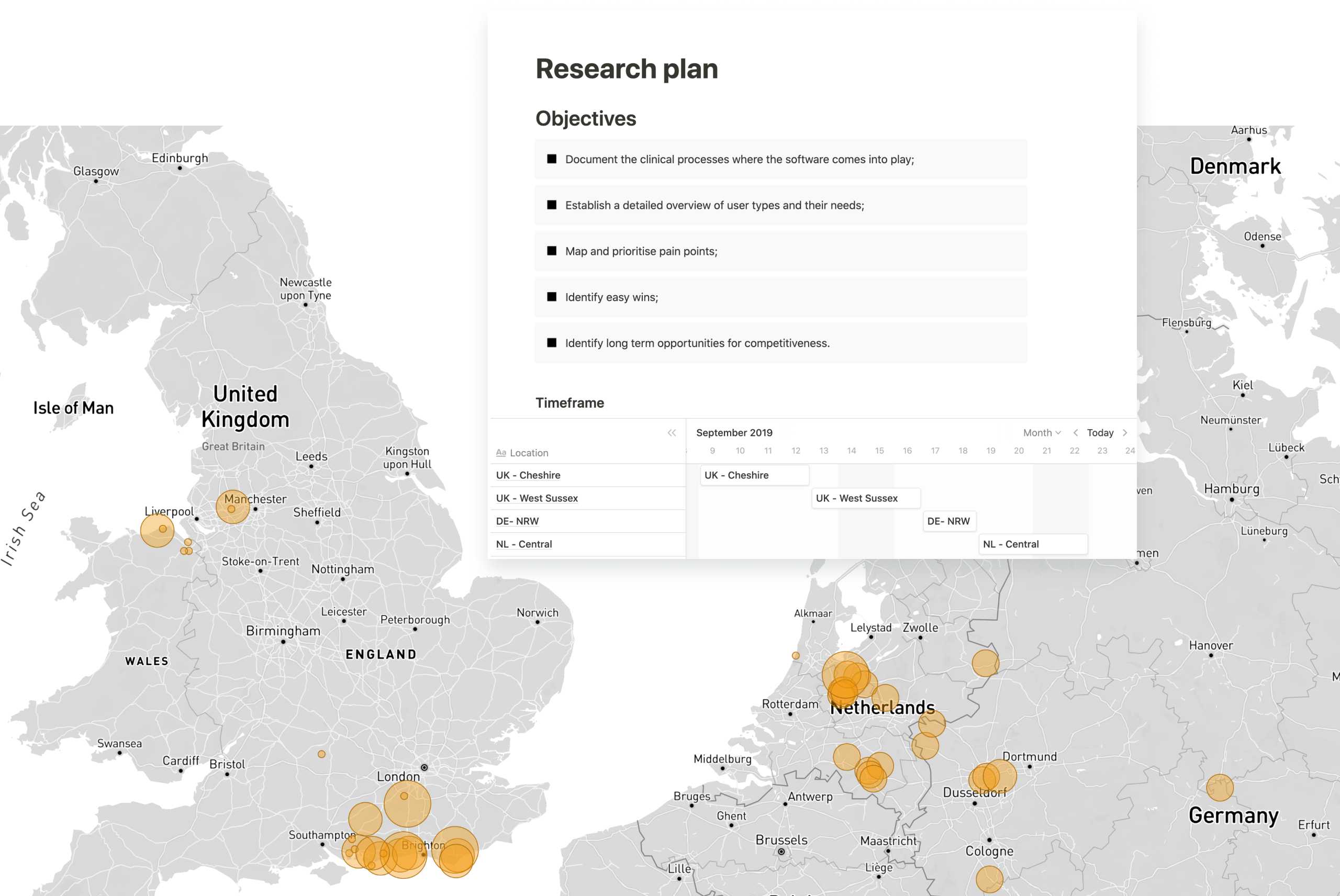 Kaart van het VK en Duitsland met locaties van gebruikersonderzoek gemarkeerd