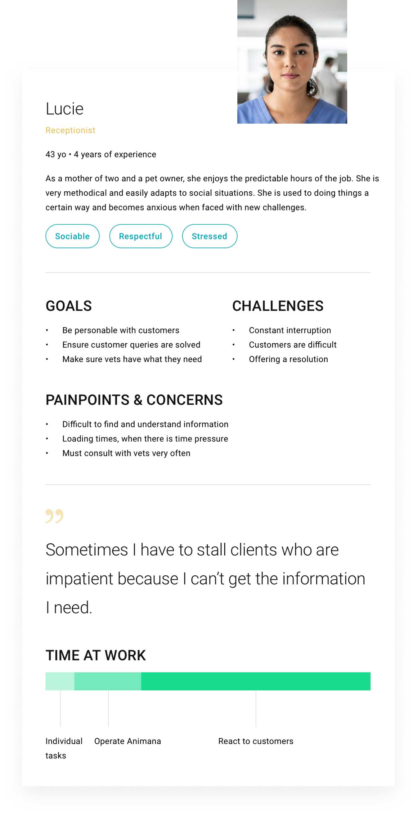 Gebruikers persona diagram met doelen, uitdagingen en aandachtspunten