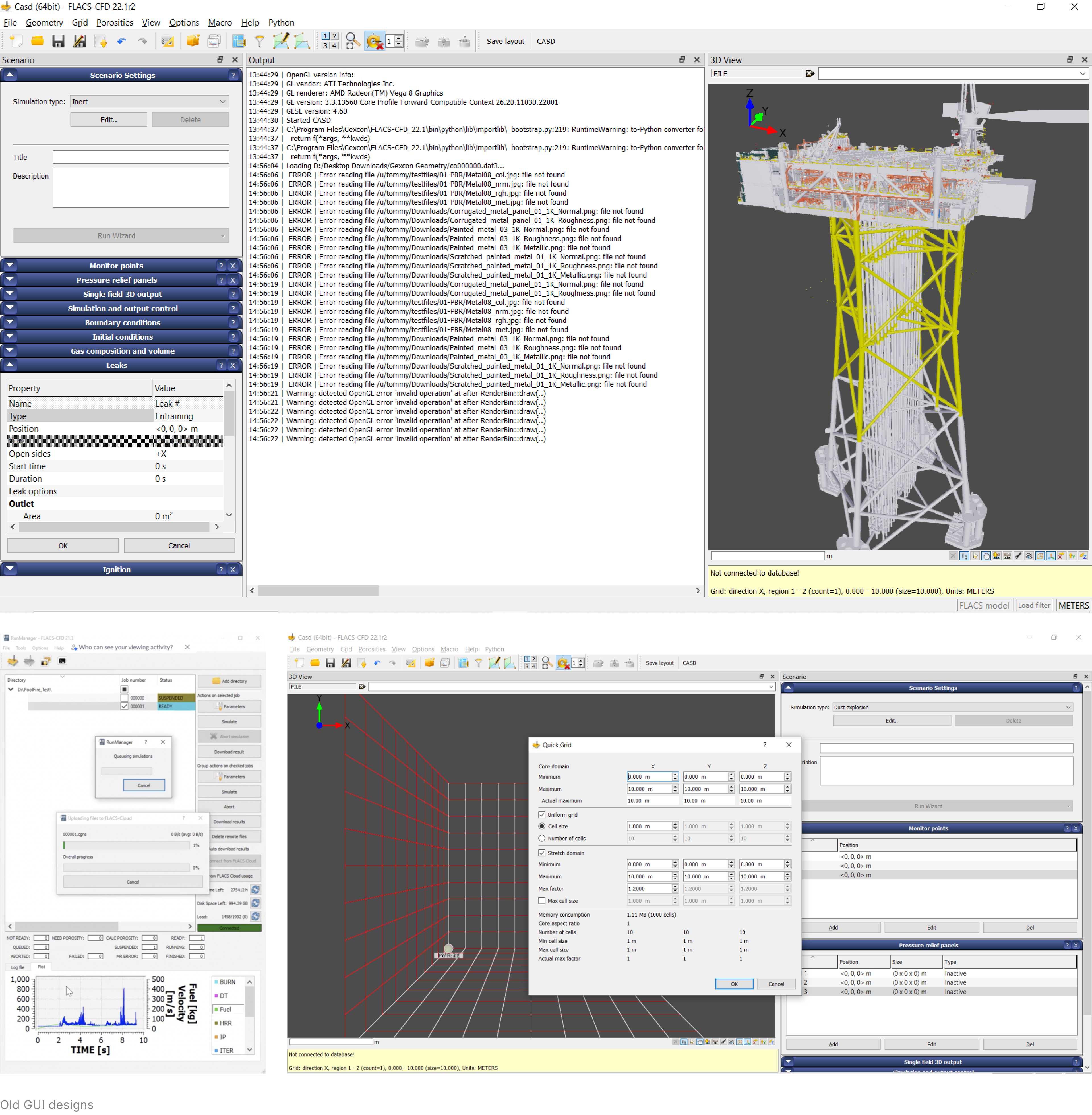 Schermafbeeldingen van een oude gebruikersinterface van CFD-simulatiesoftware.