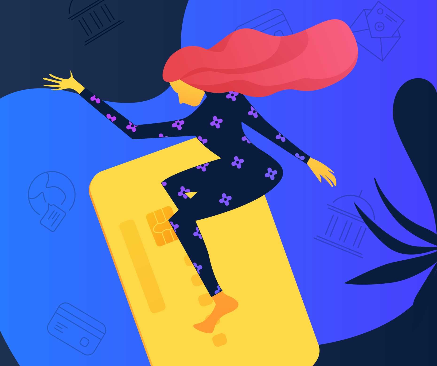 Illustratie voor mobiele app UI met een vrouw die op credit card surft