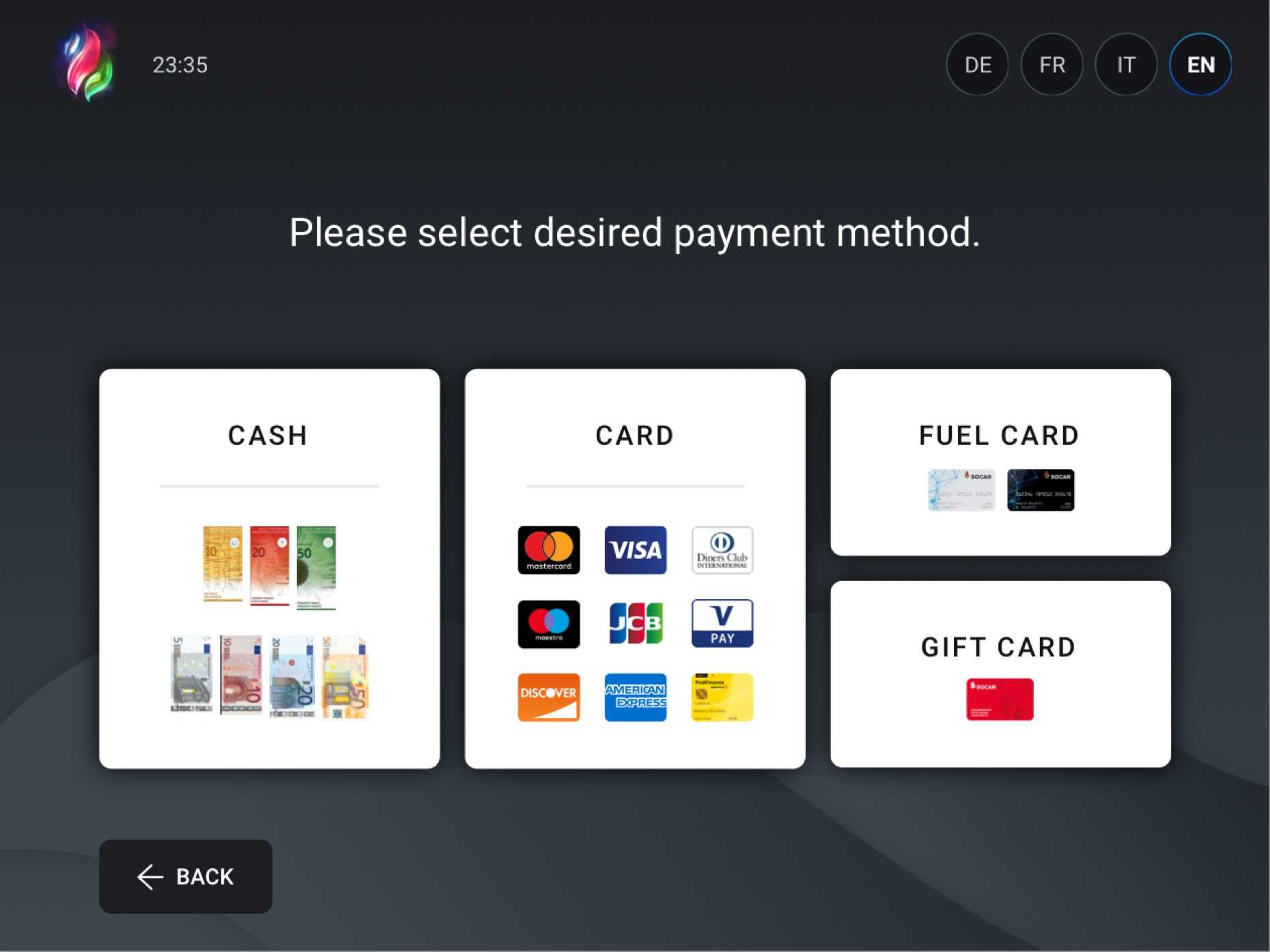 UI ontwerp voor embedded systeem waar gebruikers de betaalmethode selecteren in de self checkout ervaring