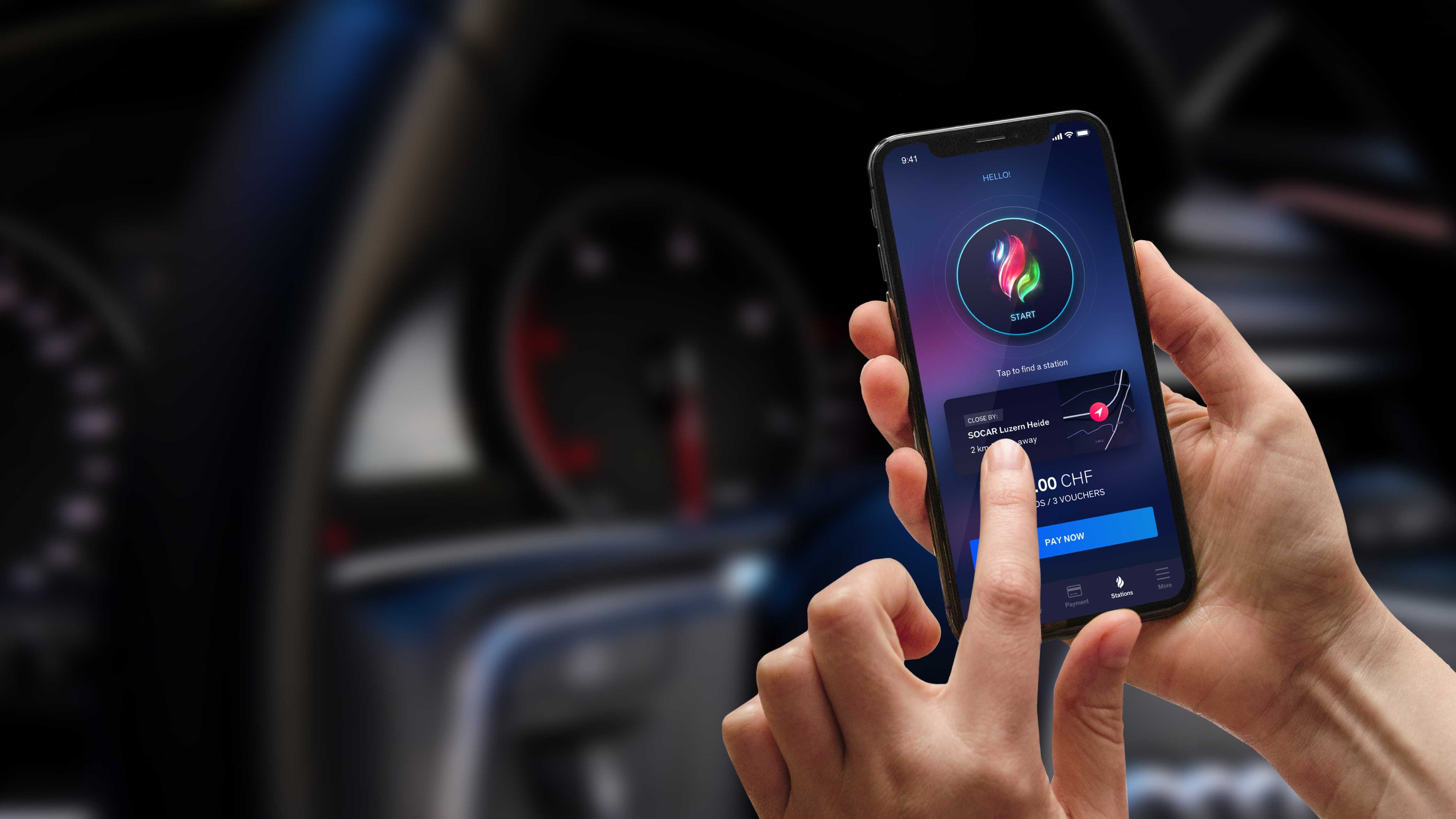 Ontwerp mobiele applicatie gebruikerservaring voor retail benzinestation met auto dashboard op achtergrond