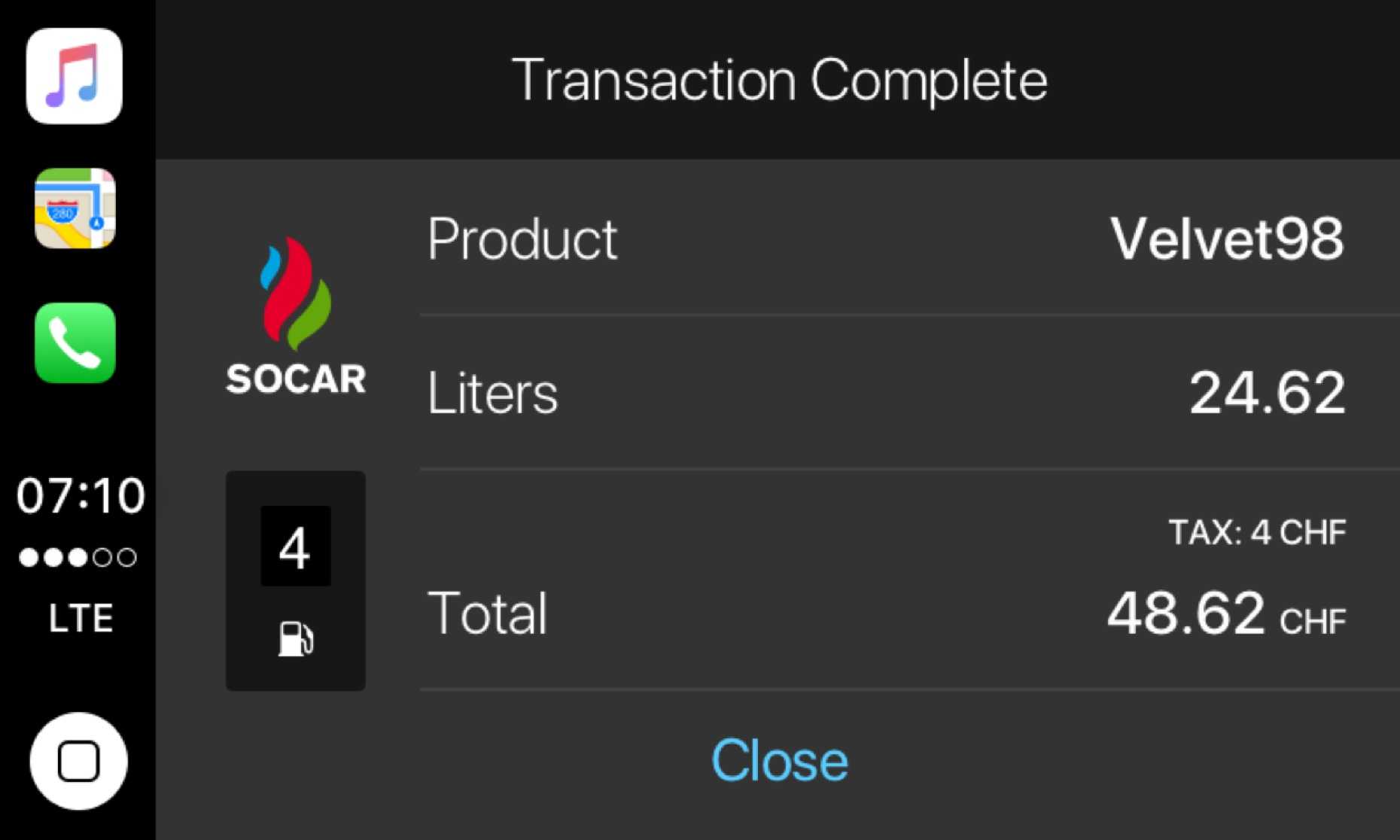 Ui ontwerp voor transactie succes scherm in auto play app voor tankstation