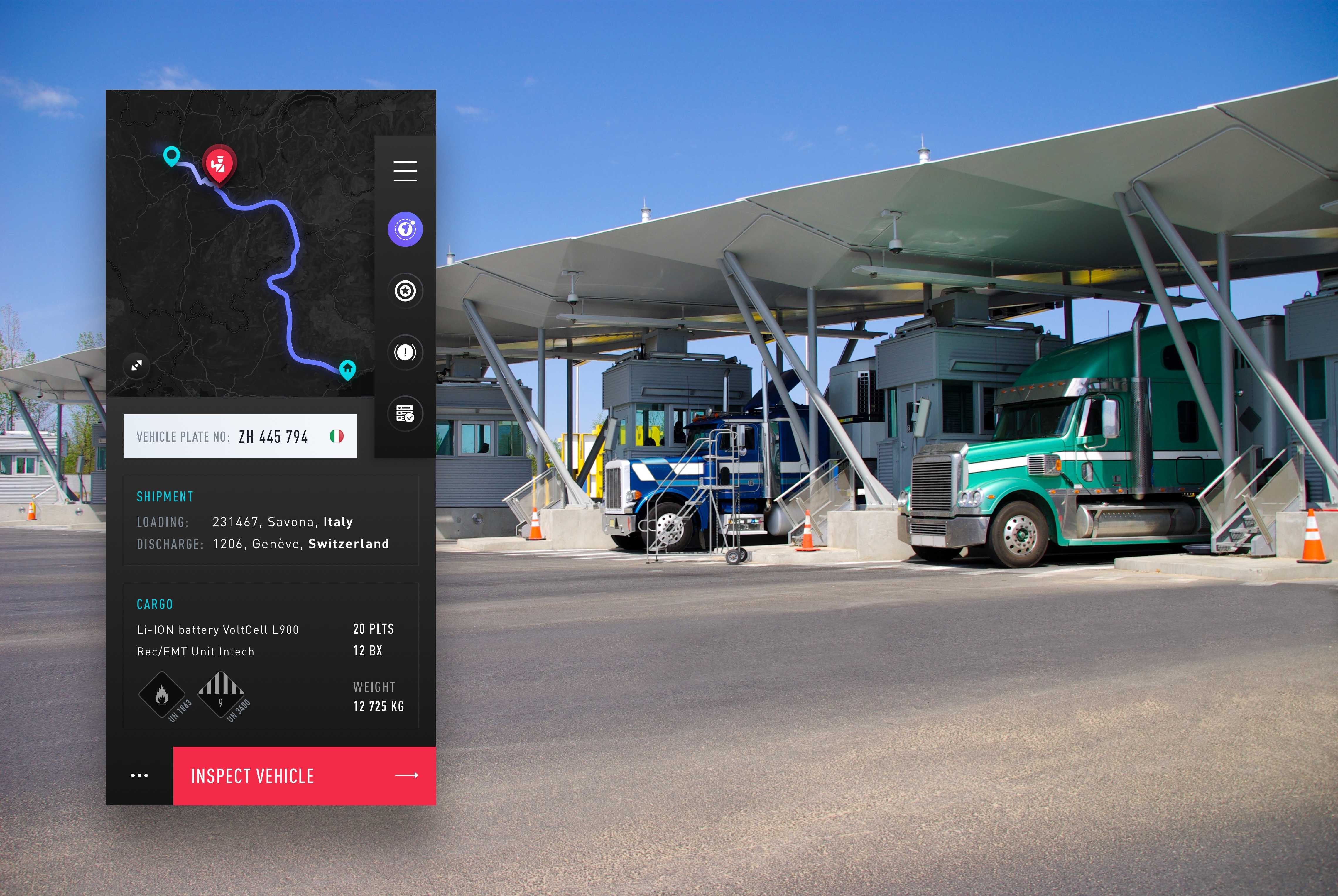 UI Ontwerp van intelligentie applicatie bij grensovergang met wachtende vrachtwagens op de achtergrond